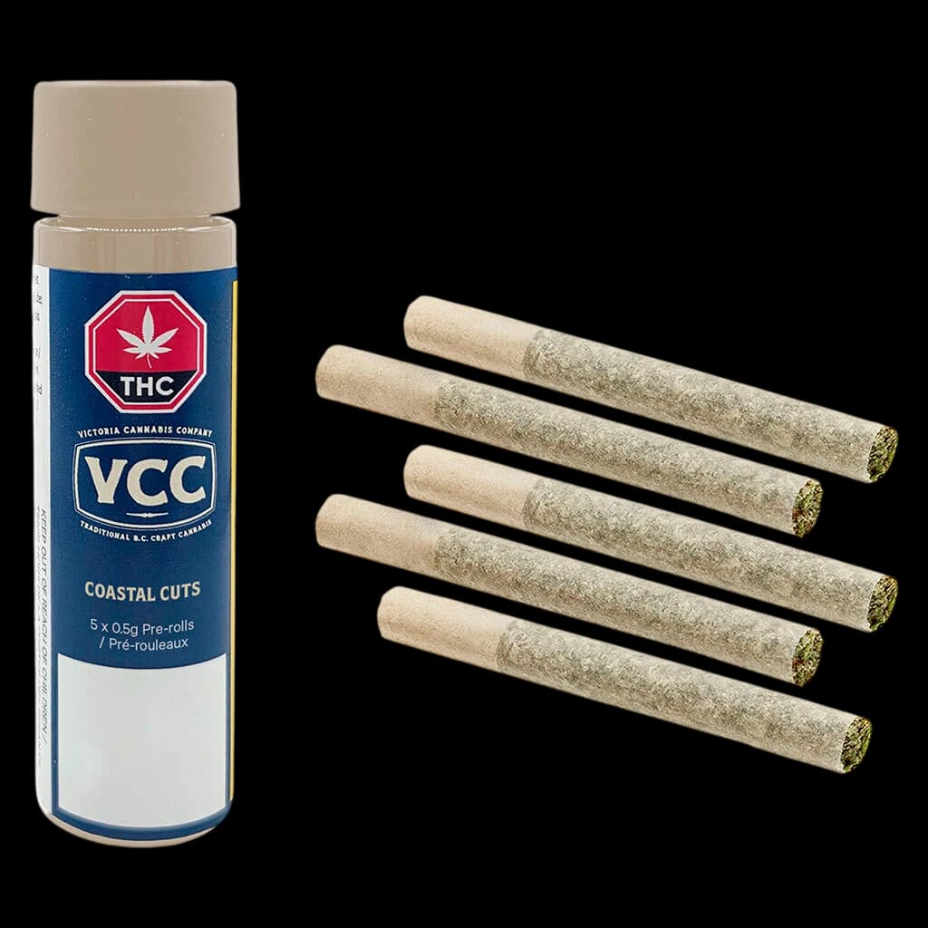 Victoria Cannabis Company Coastal Cuts 5 × 0.5g pre-rolls displayed with packaging tube