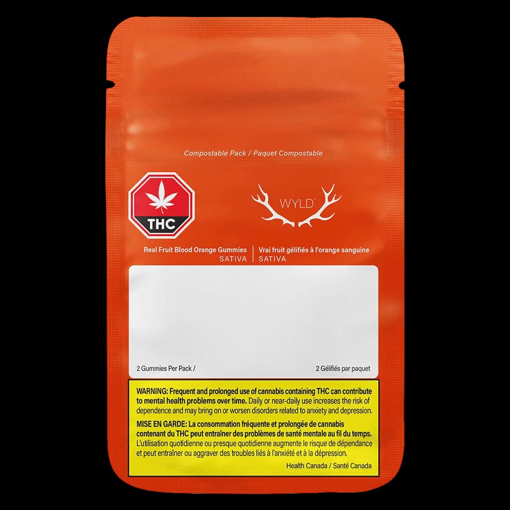 Wyld Real Fruit Blood Orange Gummies, 2-pack, sativa cannabis edible with red compostable packaging and THC warning label