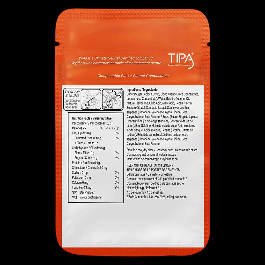 Wyld Real Fruit Blood Orange 3:1 CBC:THC cannabis gummies back panel showing nutrition facts, ingredients, and composting instructions on orange pouch
