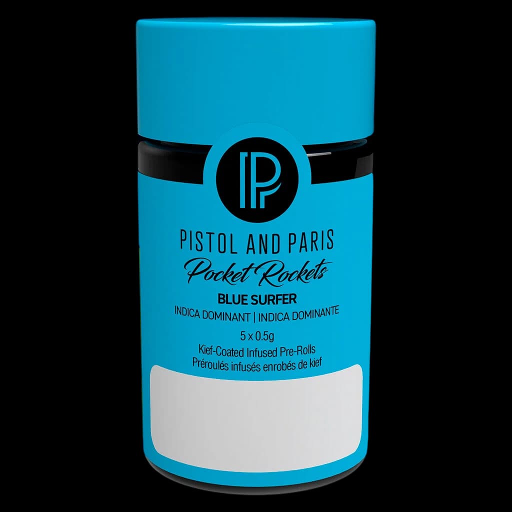 Pistol and Paris Pocket Rockets Blue Surfer, 5 x 0,5 g de pré-roulés indica enrobés de kief dans un emballage turquoise vif