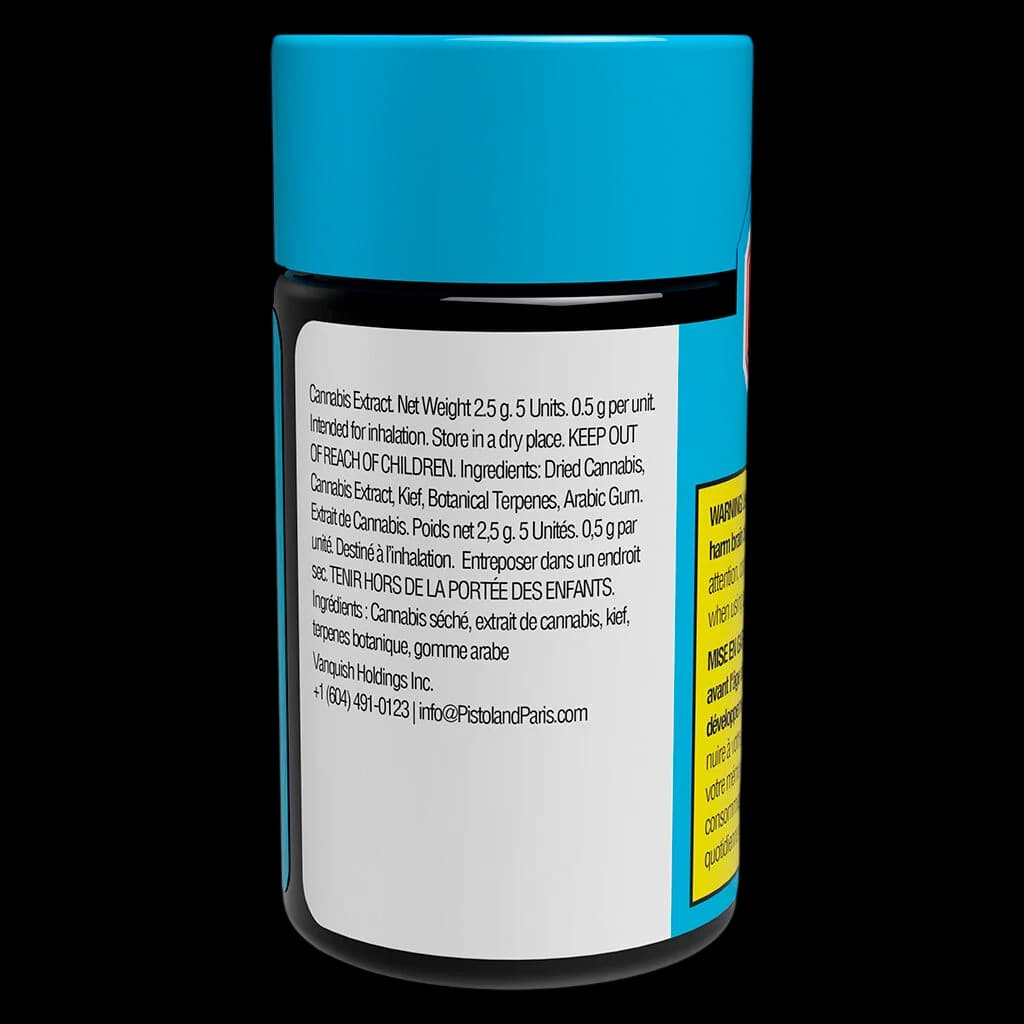 Produit d'inhalation d'extrait de cannabis Pocket Rockets Blue Surfer, poids net de 2,5 g, 5 unités de 0,5 g chacune dans un emballage bleu et noir