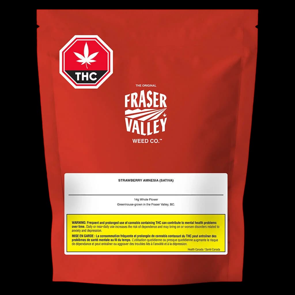 Fraser Valley Weed Co. Strawberry Amnesia Sativa 14g dried flower package with red pouch design and THC warning label