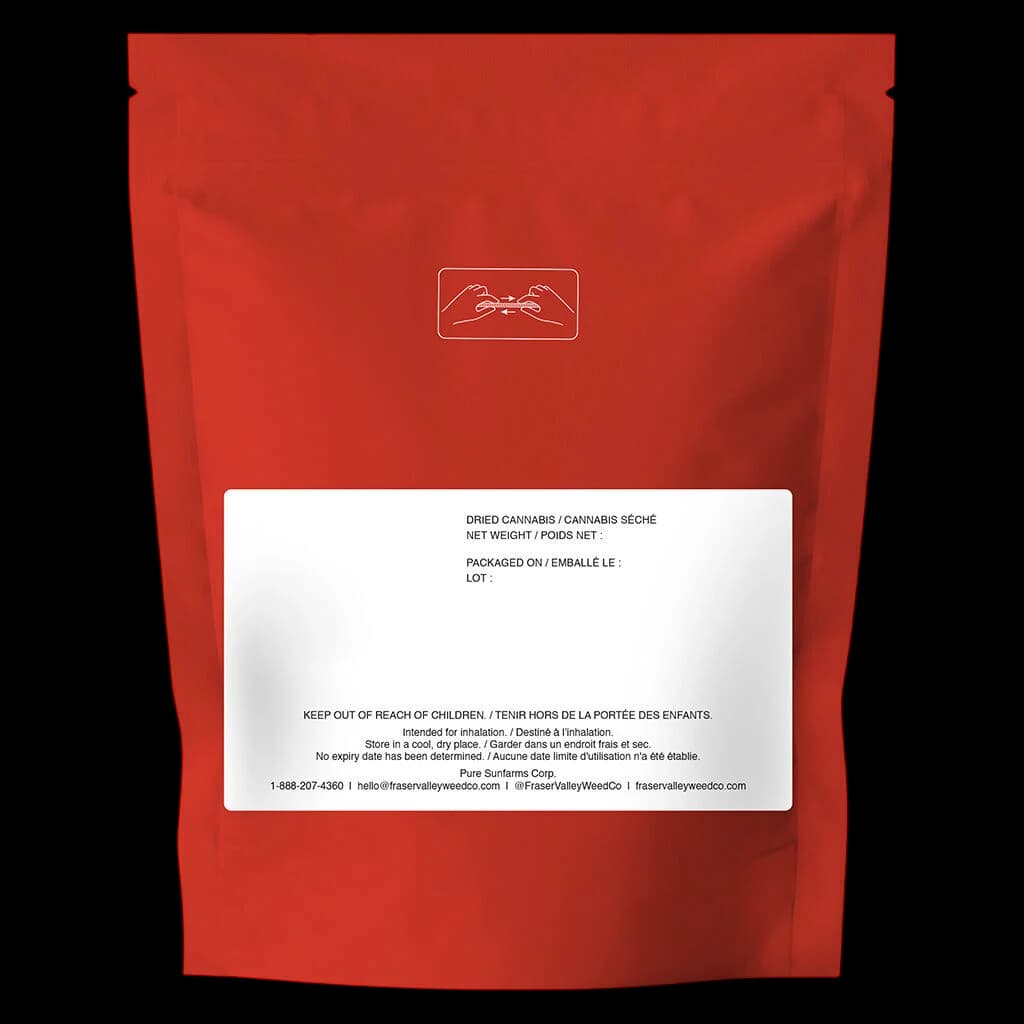 Emballage de 28 g de fleurs séchées sativa Strawberry Amnesia de Fraser Valley Weed Co. avec pochette rouge et étiquette d'avertissement THC