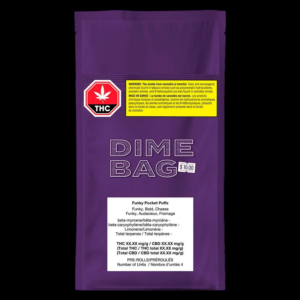 Dime Bag Funky Pocket Puffs cannabis pre-roll pack, purple pouch, 4-pack, $10.00