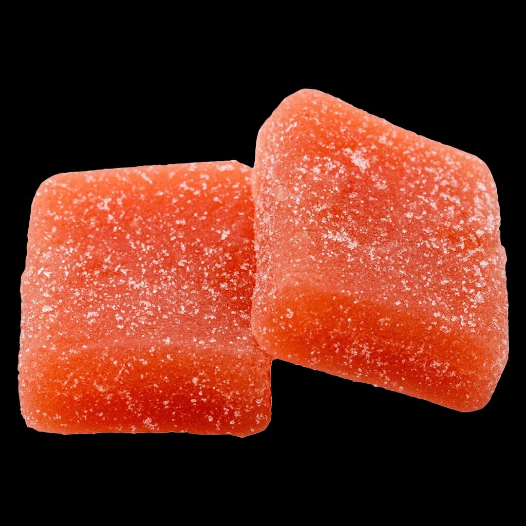 Wyld Real Fruit Sour Cherry Gummies, two sugar-coated red cannabis edibles against a white background