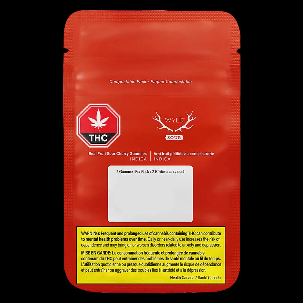 Wyld Real Fruit Sour Cherry Gummies red compostable pack, Indica, 2 gummies per pack with THC warning label