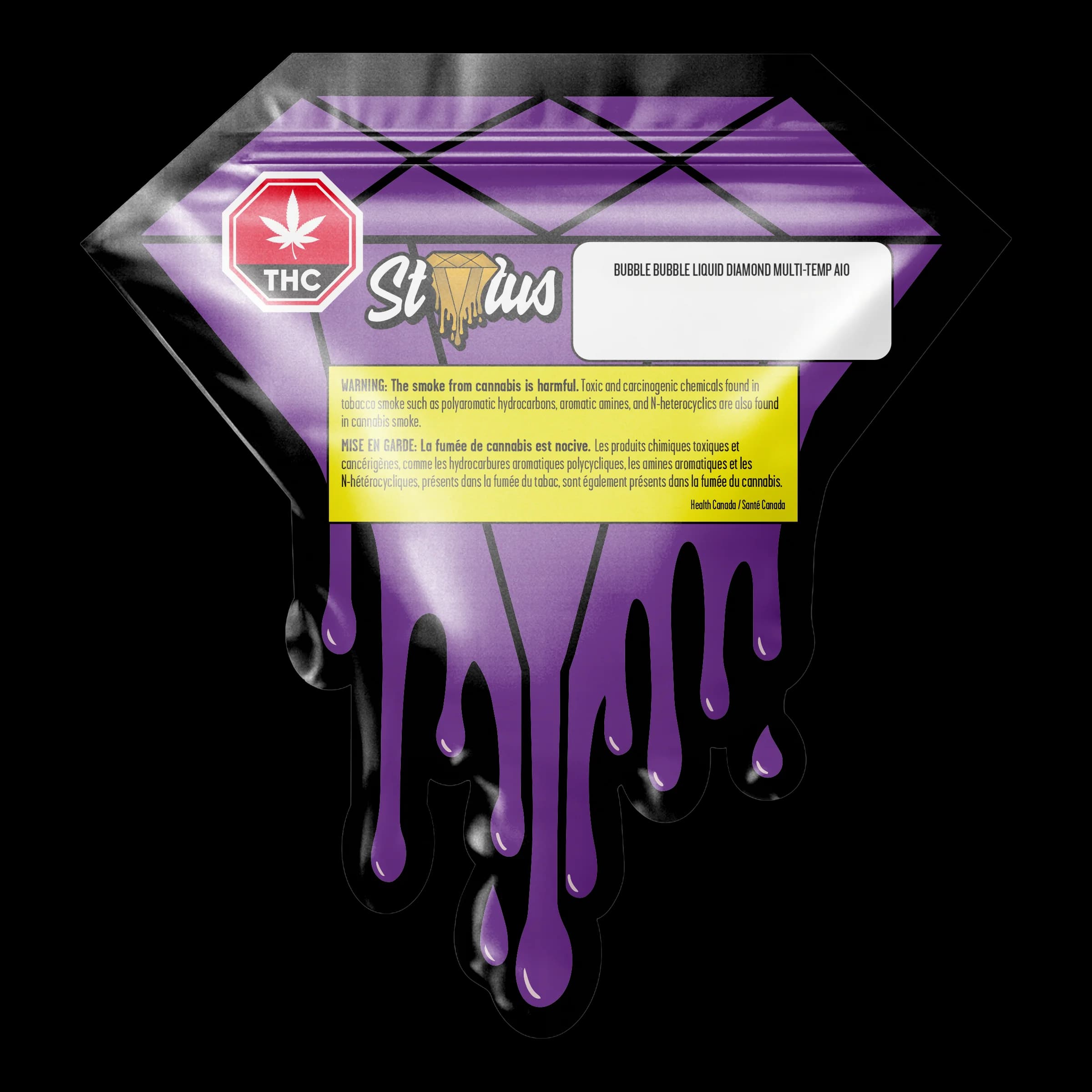 Status Bubble Bubble Liquid Diamond multi-temp AIO disposable vape with purple dripping design and THC warning label