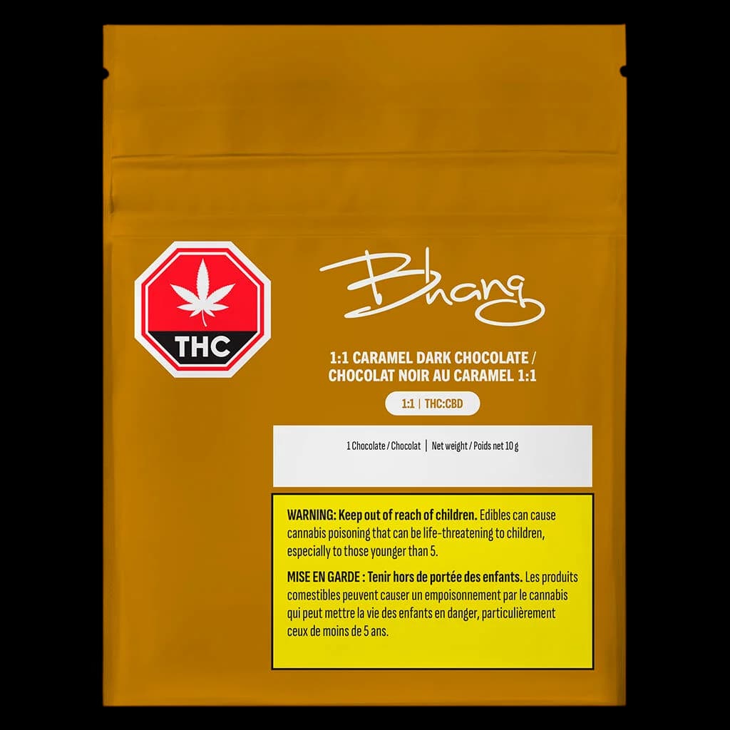 Chocolat noir au caramel comestible au cannabis Bhang 1:1, 10 g, avec étiquette du ratio THC:CBD et mise en garde de Santé Canada