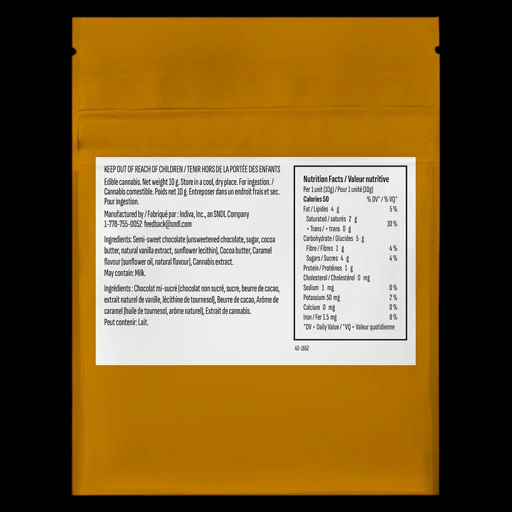 Emballage arrière du produit comestible de cannabis Chocolat au caramel 1:1 de Bhang, montrant le tableau de valeur nutritive, la liste des ingrédients et les mises en garde bilingues