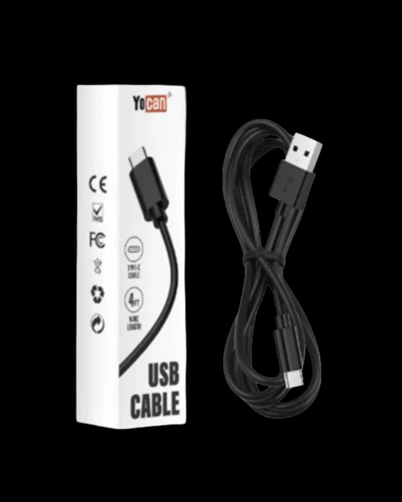 Yocan USB Type-C charging cable with black cord and connectors, displayed next to white retail packaging