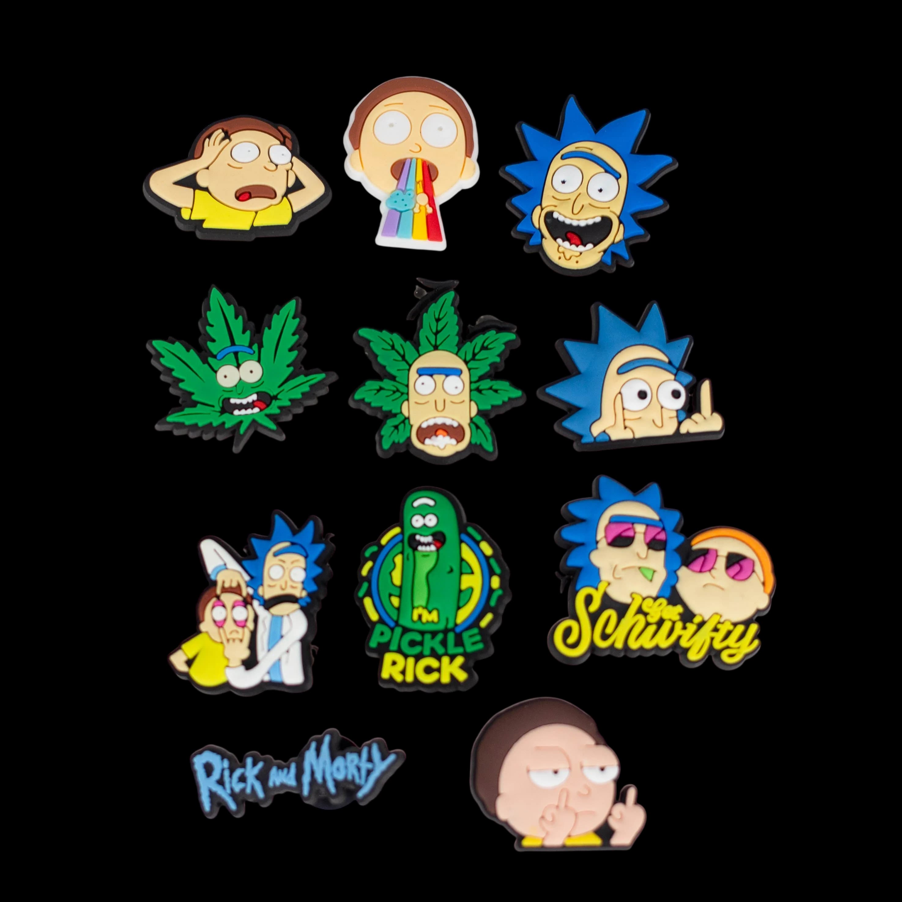 Crossory crocs charms pack featuring Rick and Morty character designs including cannabis leaf motifs and show logos