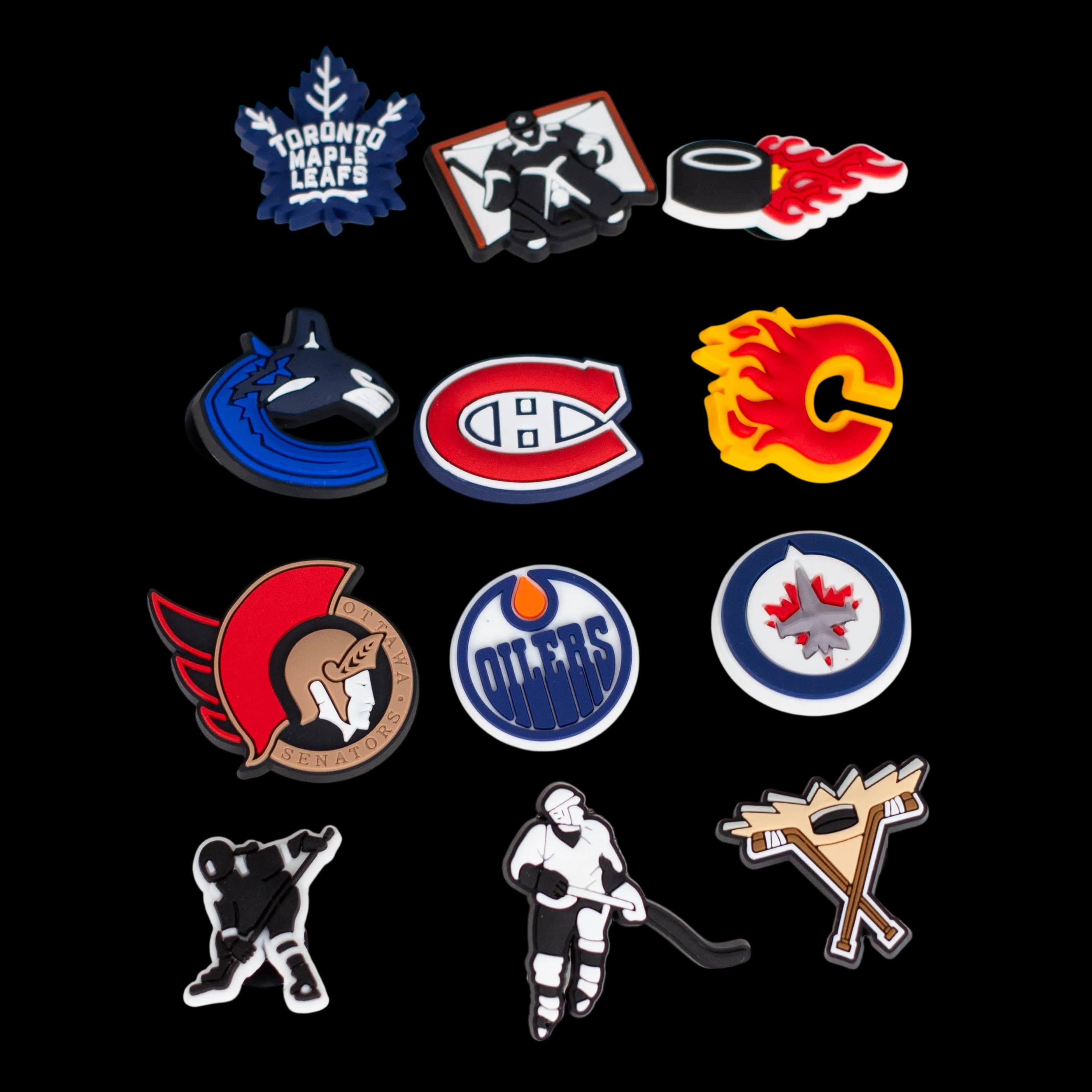 Crossory basketball team logo charms pack featuring NHL team logos including Maple Leafs, Canucks, Flames, Oilers, and others