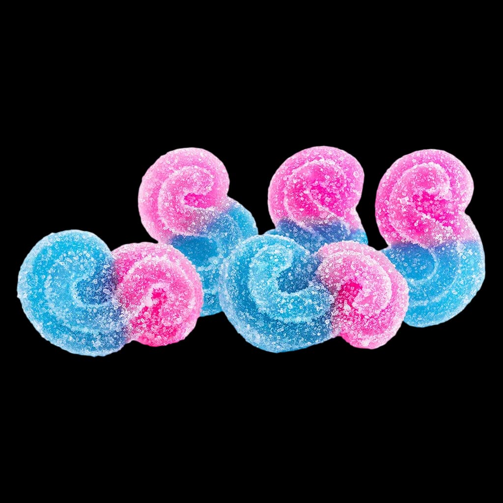 SOURZ by Spinach blue raspberry watermelon soft chews, pink and blue sugar-coated gummies in indica cannabis edible format