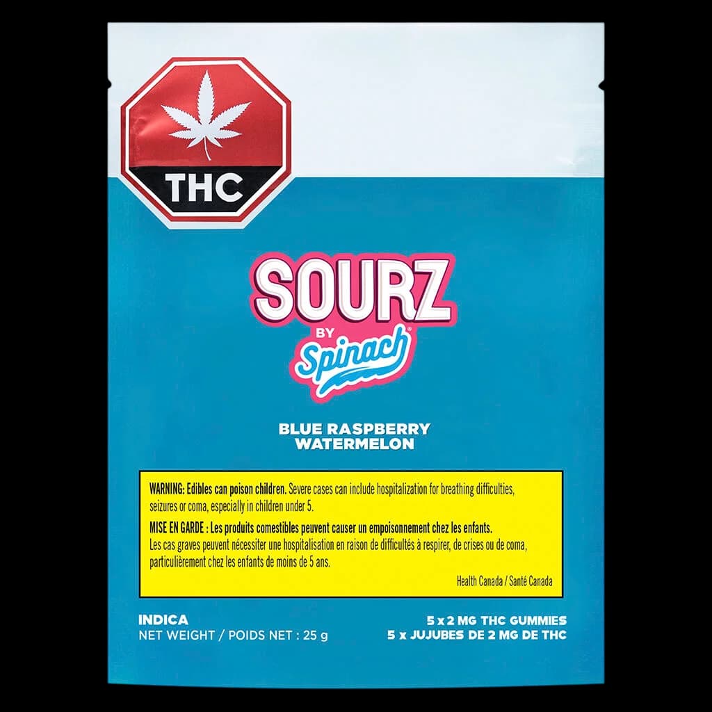 SOURZ by Spinach Framboise Bleue Pastèque Indica gommes, 5x2mg THC, emballage de 25g avant avec étiquette d'avertissement de Santé Canada