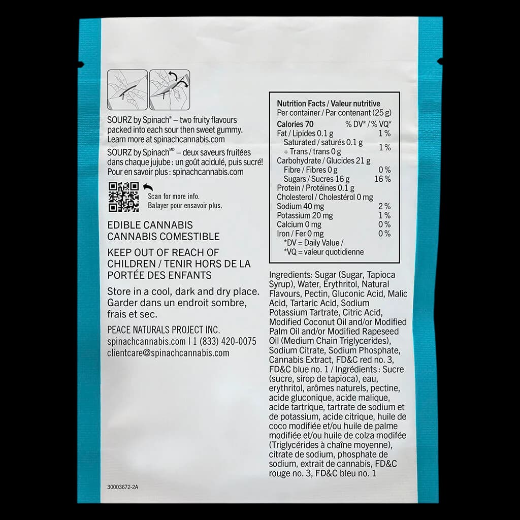 Étiquette arrière de l'emballage des gommes tendres au cannabis SOURZ by Spinach affichant les valeurs nutritives, les ingrédients et les instructions de conservation avec un texte bilingue.