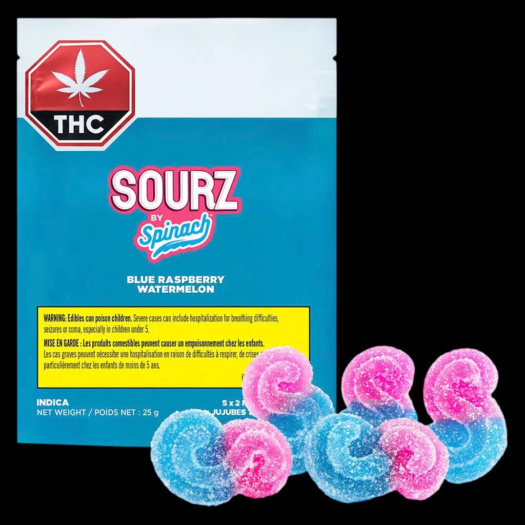 Gommes indica Blue Raspberry Watermelon de SOURZ by Spinach, emballage de 25 g avec 5 bonbons mous tendres affichés à l'avant