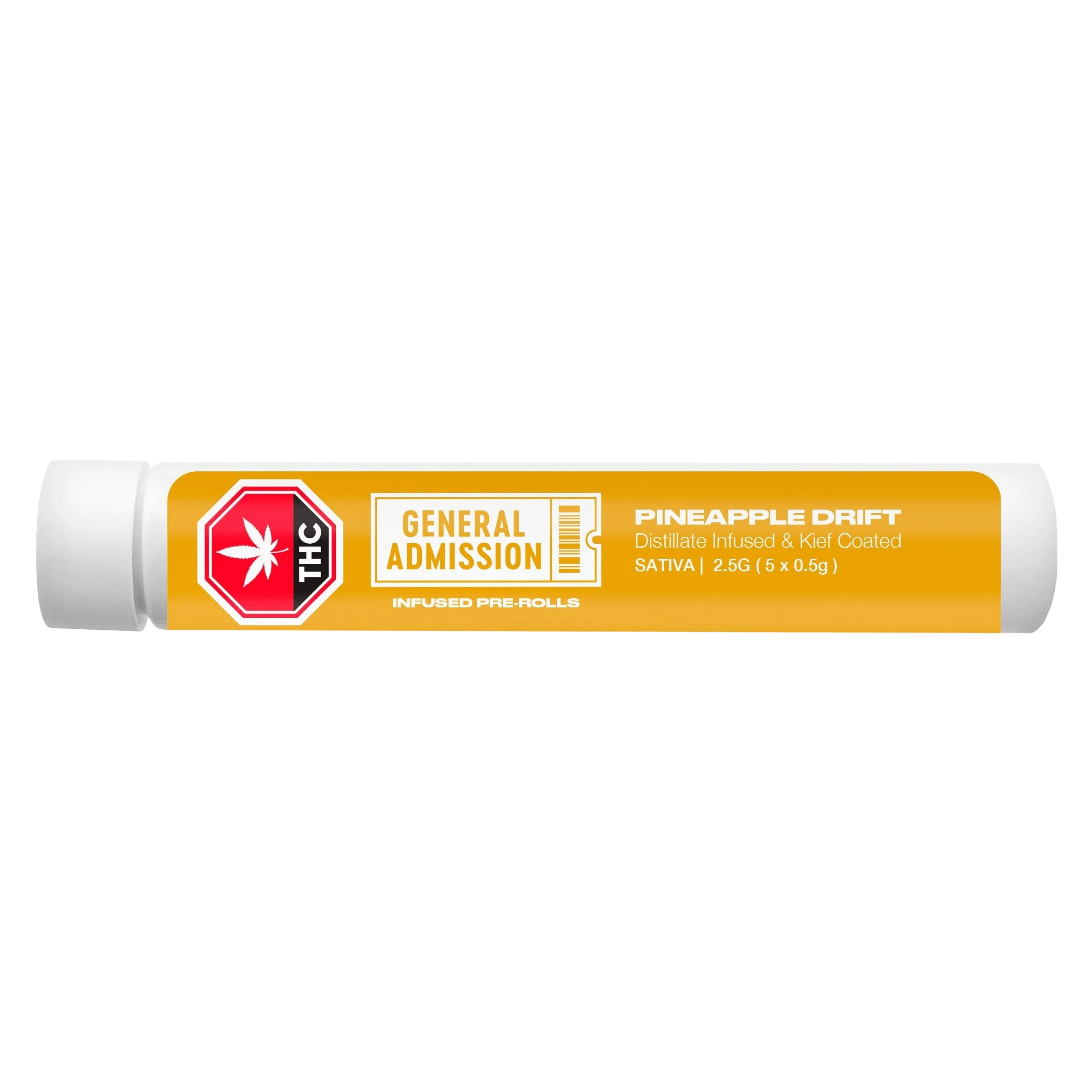 Paquet de pré-roulés infusés au distillat Pineapple Drift de General Admission, sativa de 2,5 g avec 5 joints de 0,5 g