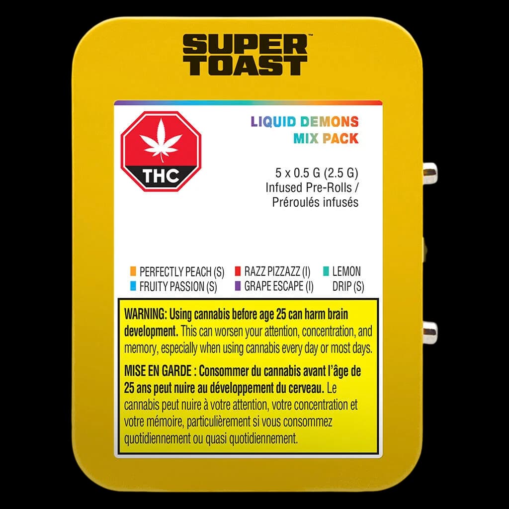 Pack Mixte Liquid Demons de Super Toast, 5 x 0,5 g de pré-roulés infusés offerts dans les saveurs Perfectly Peach, Razz Pizzazz, Lemon Drip, Fruity Passion et Grape Escape