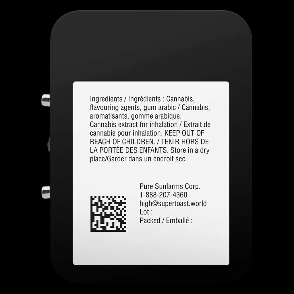 Étiquette arrière de l'emballage assorti Liquid Demons de Super Toast montrant les ingrédients, l'extrait de cannabis, les avertissements de sécurité et le code QR