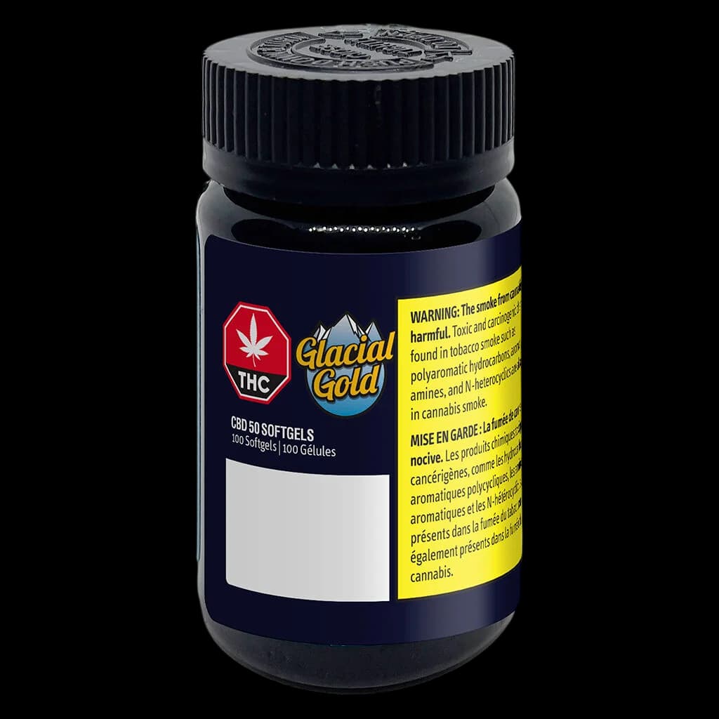 Glacial Gold CBD 50 Softgels, 100-count bottle with black cap and dark blue label featuring THC warning symbol and yellow Health Canada warning label