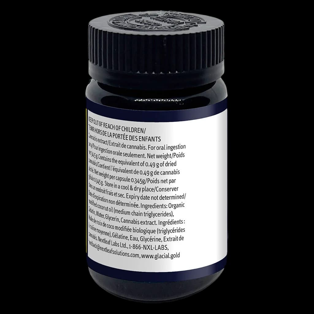 Glacial Gold CBD 50 Softgels bottle with black cap and white label showing bilingual ingredient and usage information