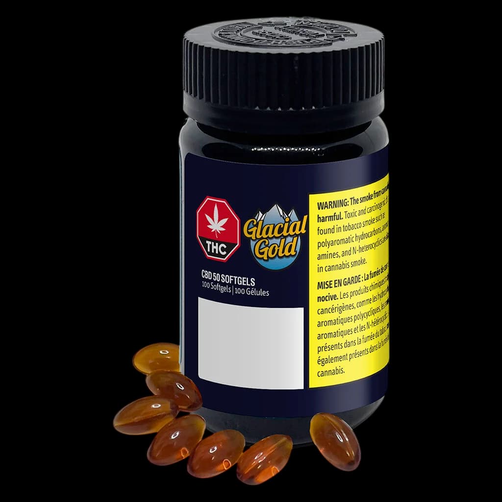 Glacial Gold CBD 50 softgels bottle with amber capsules displayed in front, yellow Health Canada warning label visible
