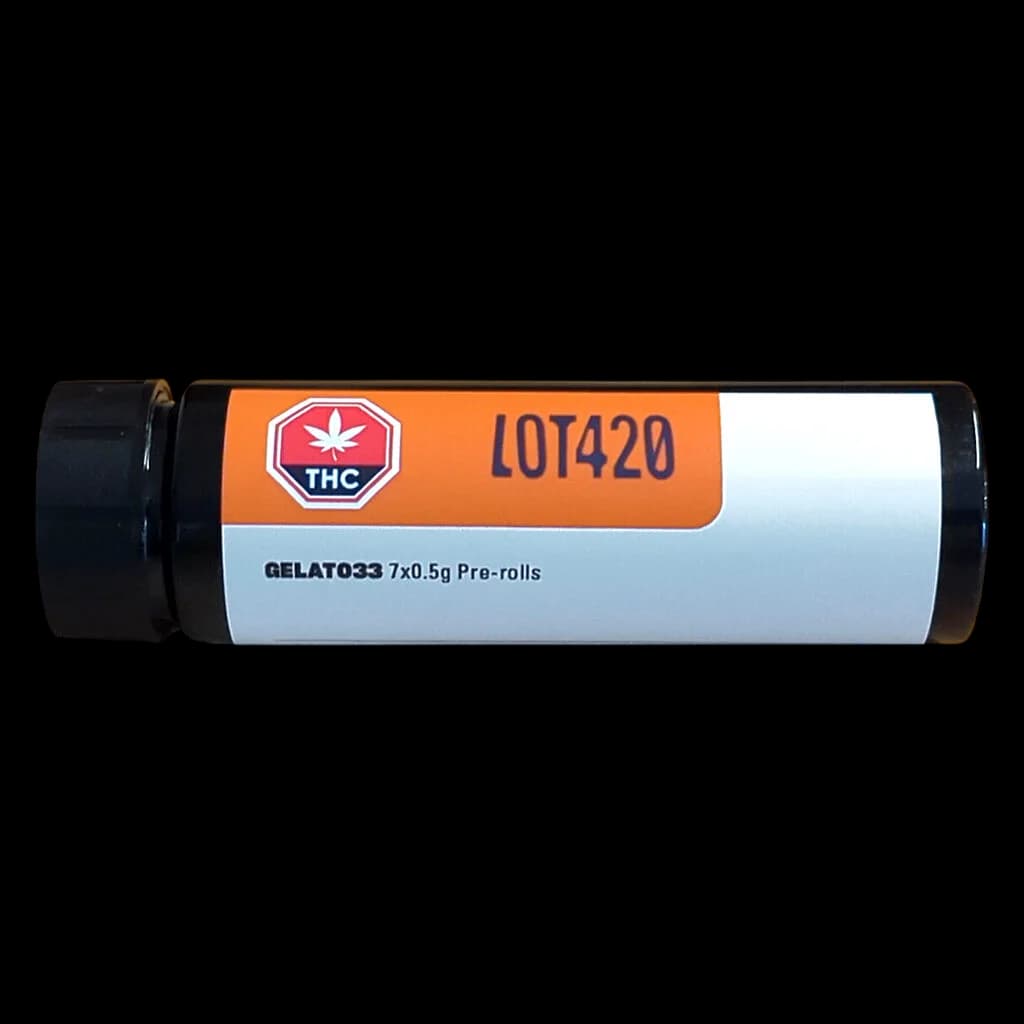 Gelato033 7×0.5g pre-roll pack with THC warning symbol and lot number LOT420 on orange label