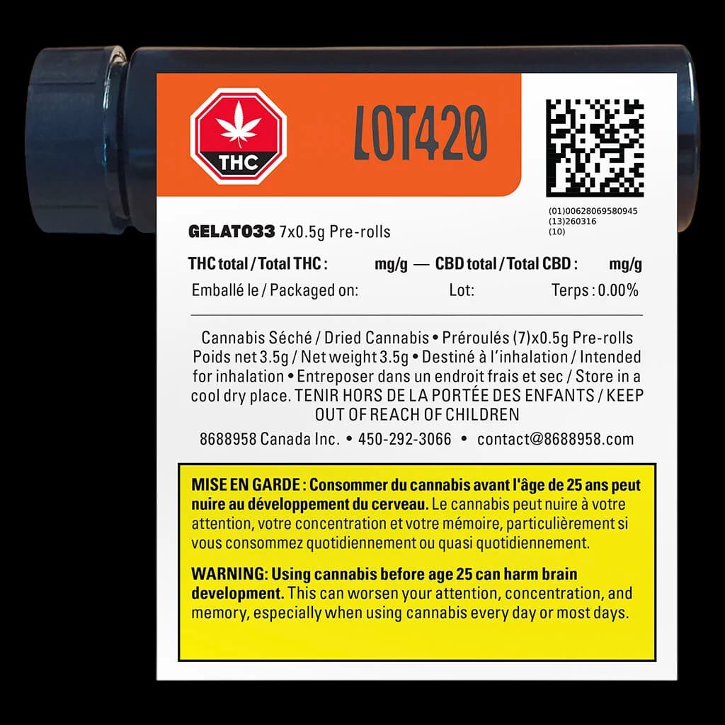 Gelato33 7×0.5g pre-rolls pack with orange THC warning label, QR code, and yellow Health Canada warning label on back