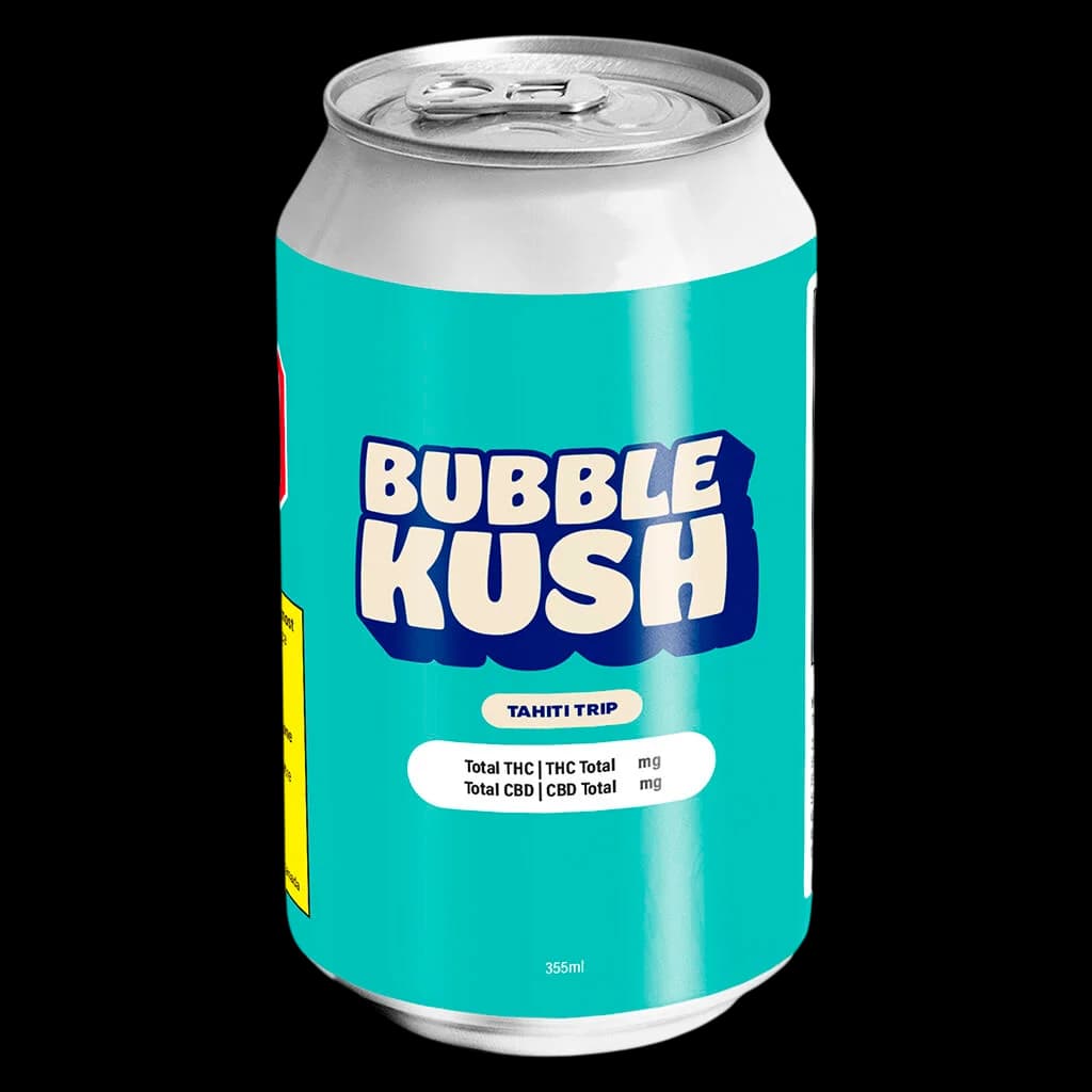 Bubble Kush Tahiti Trip cannabis beverage, 355ml can with turquoise label and white branding