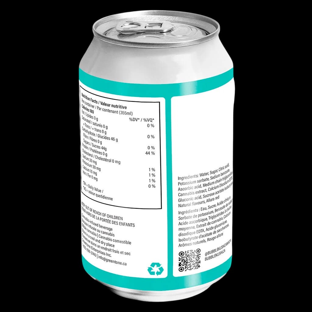 Boisson au cannabis Bubble Kush Tahiti Trip, canette de 355 ml à l'étiquette turquoise et blanche affichant le tableau de valeur nutritive et les ingrédients