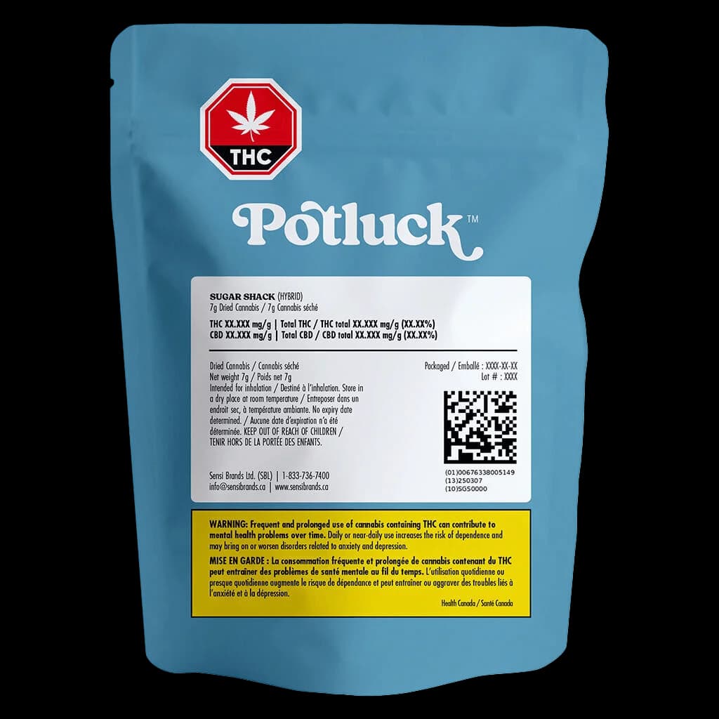 Potluck Sugar Shack hybrid dried cannabis flower pouch with THC symbol, product label, and Health Canada warning