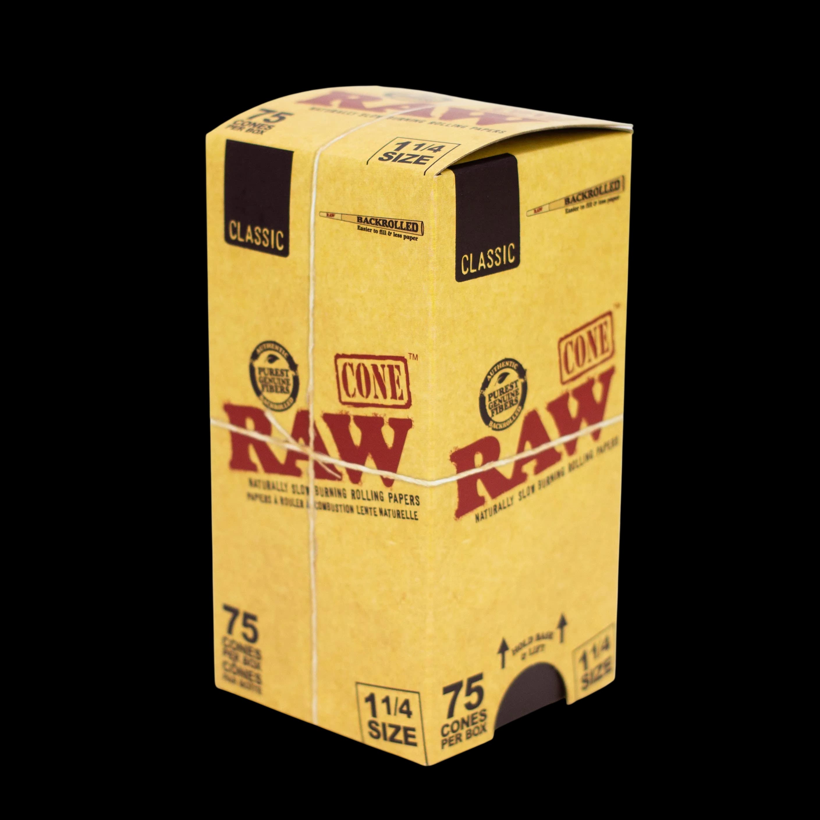 RAW Classic 1 1/4 size pre-rolled cones, 75-pack box with yellow packaging and red branding