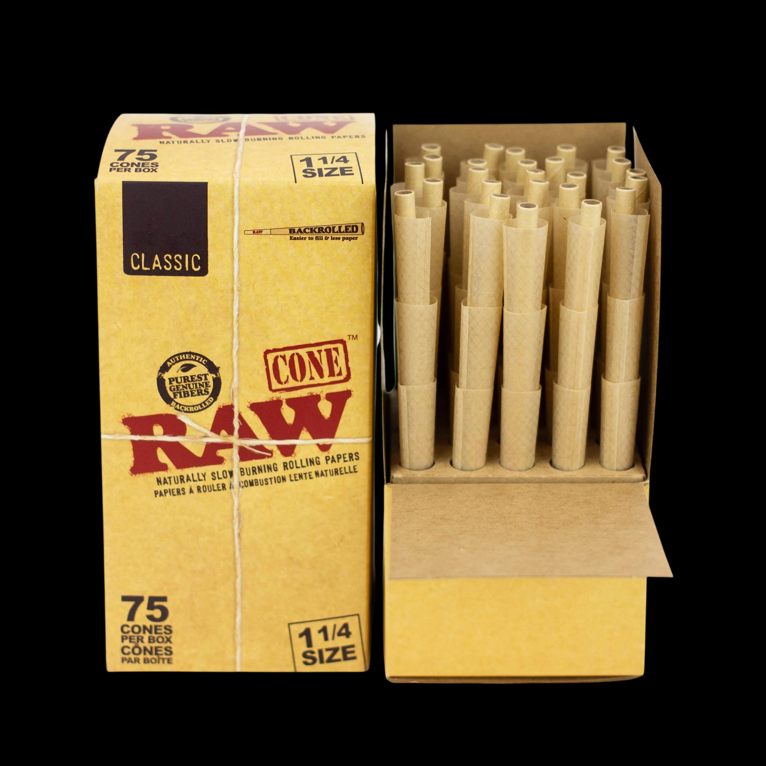 RAW Classic 1¼ size rolling paper cones, 75-pack box with open display showing natural unbleached cones