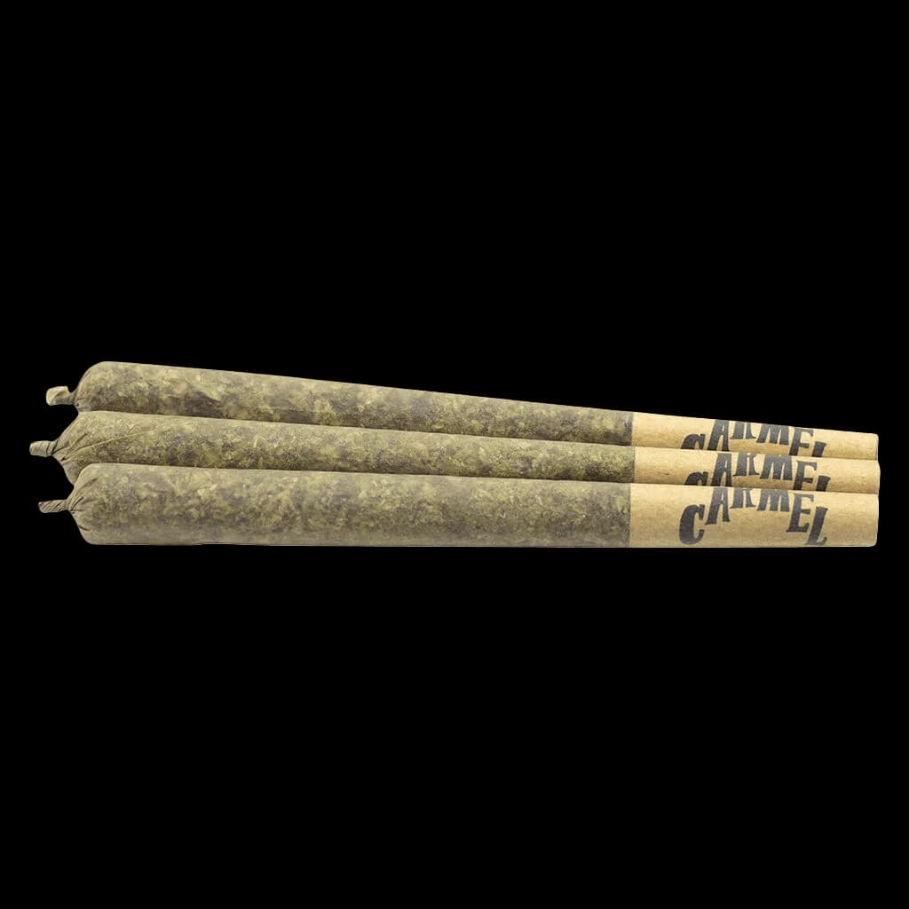 Carmel Straight Cash Homie pre-rolls, three-pack with natural papers and cannabis flower visible