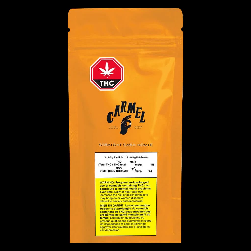 Carmel Straight Cash Homie pre-roll pack, 3 × 0.5g, orange pouch with red THC warning symbol and yellow health warning label