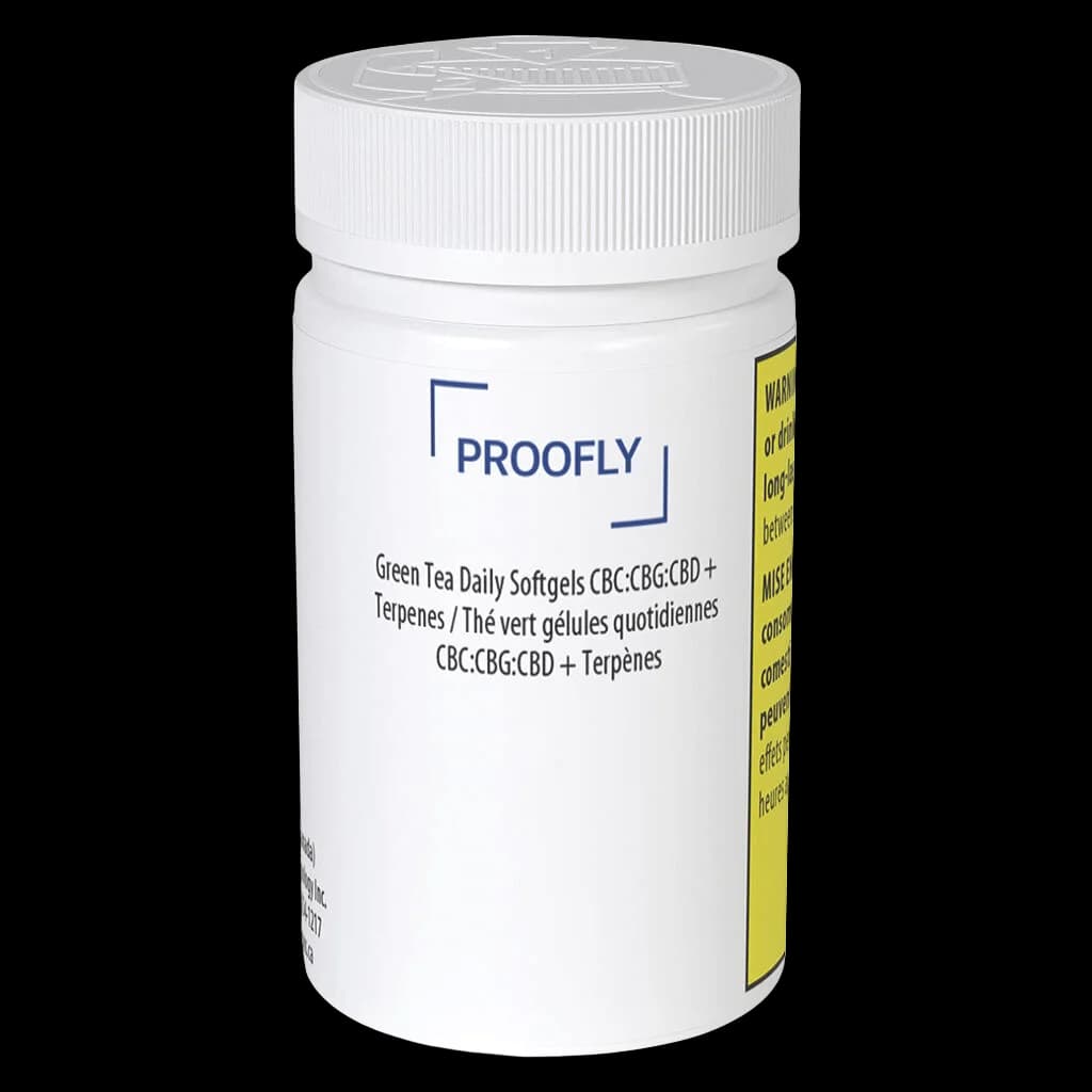 Proofly Green Tea Daily Softgels CBC:CBG:CBD + Terpenes bottle with white cap and yellow warning label