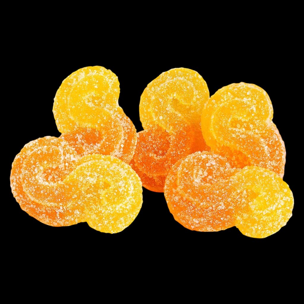 SOURZ by Spinach Peach Orange 1:1 soft chews, yellow and orange sugar-coated gummies