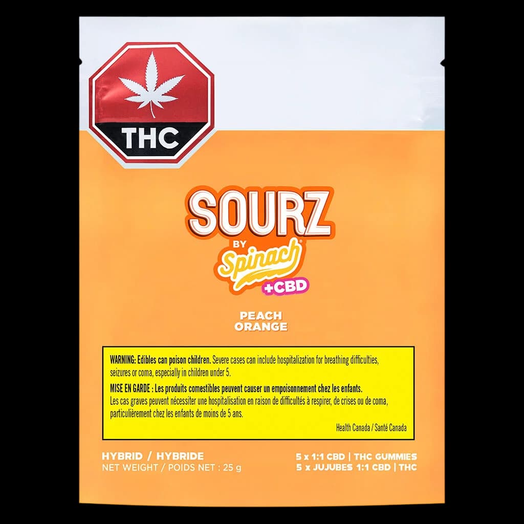 Sourz by Spinach Peach Orange 1:1 CBD THC gummies, 25g package with Health Canada warning label