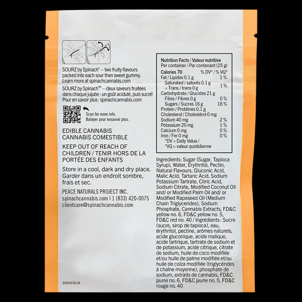 SOURZ by Spinach cannabis edible gummies package back showing nutrition facts, ingredients, and bilingual product information on orange and white pouch
