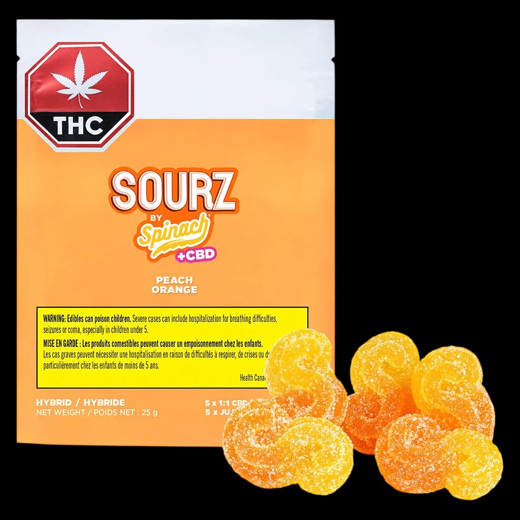 SOURZ by Spinach Peach Orange 1:1 CBD hybrid gummies, 25g package with peach and orange sour chews displayed