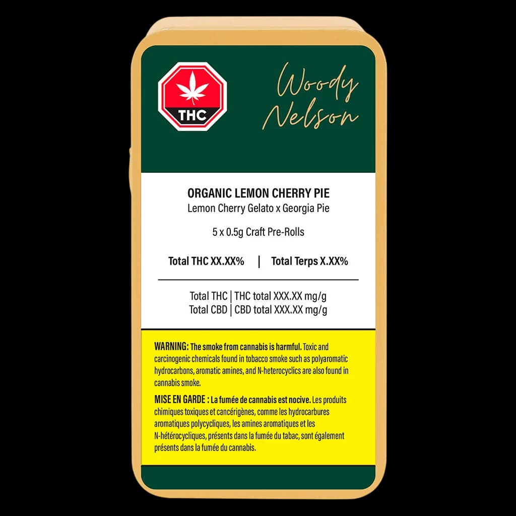 Emballage avant des pré-rouleaux artisanaux Woody Nelson Organic Lemon Cherry Pie 5 x 0,5 g avec étiquette d'avertissement sur le THC
