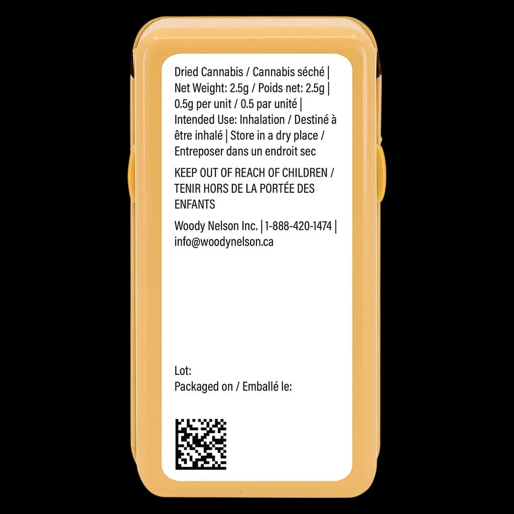 Étiquette arrière de l'emballage de 2,5 g de cannabis séché Woody Nelson avec texte réglementaire bilingue, avertissement de sécurité pour les enfants et code QR