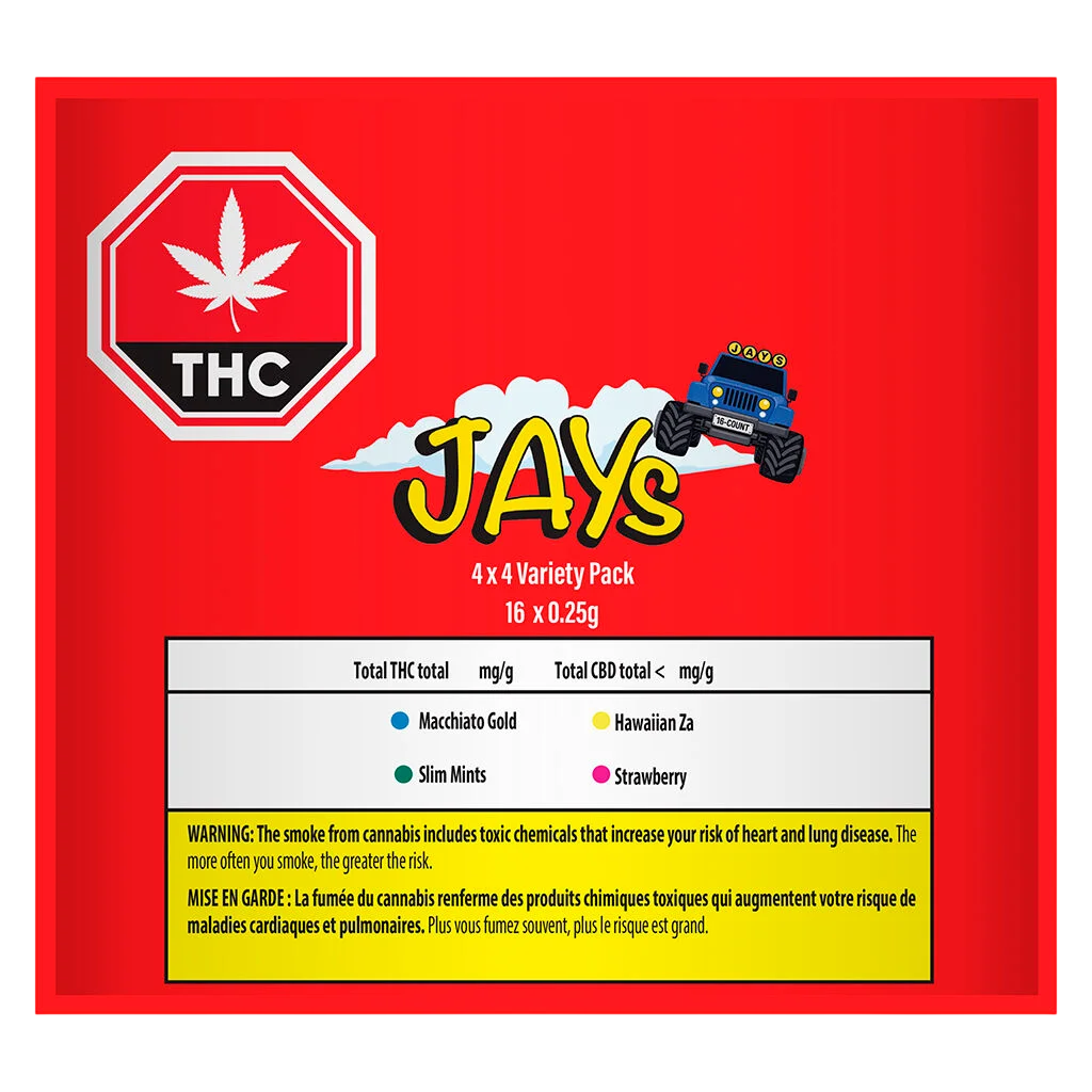 Jays 4x4 Variety Pack, 16 x 0.25g infused pre-rolls in Macchiato Gold, Hawaiian Za, Slim Mints, and Strawberry flavours