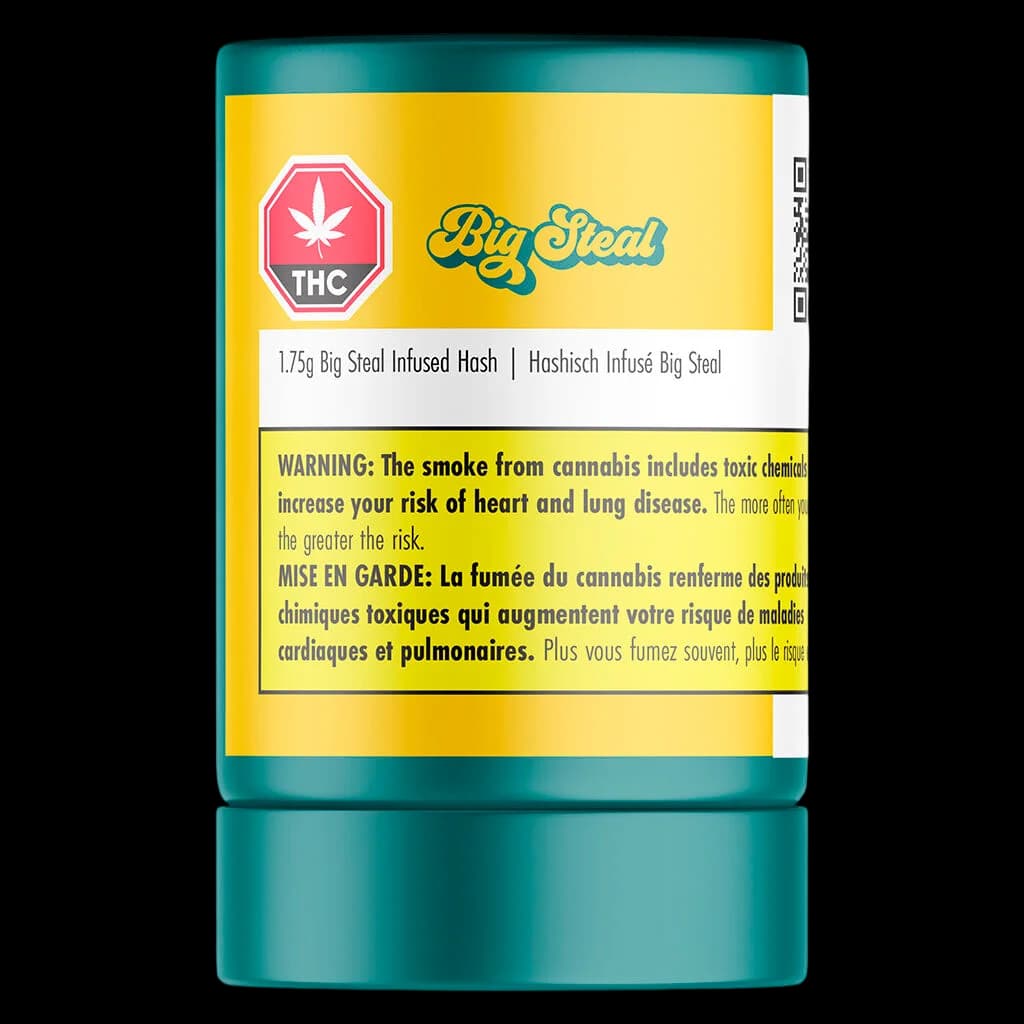 Concentré de cannabis Big Steal Infused Hash 1,75 g dans un pot sarcelle et jaune avec logo THC et étiquette d'avertissement sanitaire