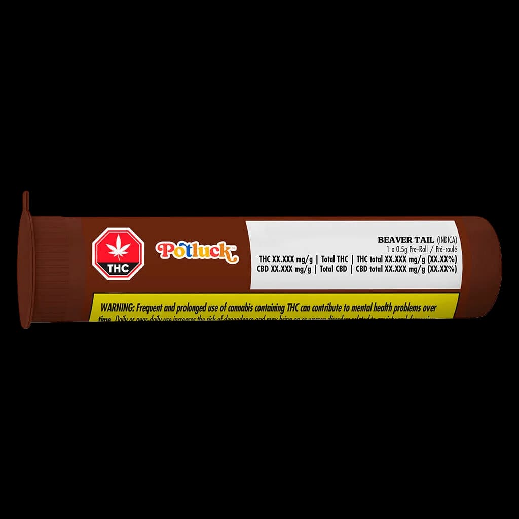 Paquet de pré-roulés indica Beaver Tail de Potluck, 1 x 0,5 g, emballage en tube brun avec logo THC rouge et étiquette d'avertissement sanitaire jaune
