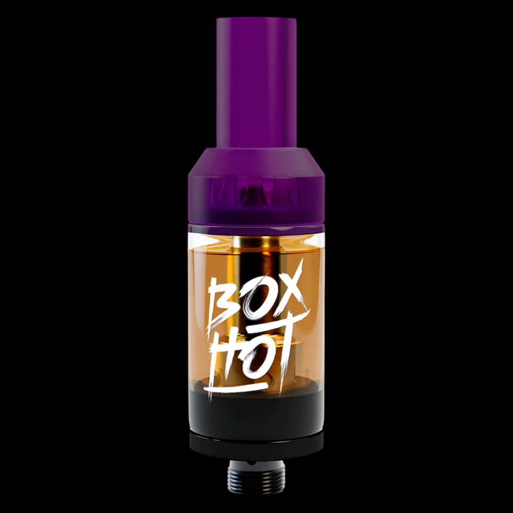 BOXHOT Grape God Liquid Diamond Charged 510 Thread vape cartridge with purple cap and amber oil chamber
