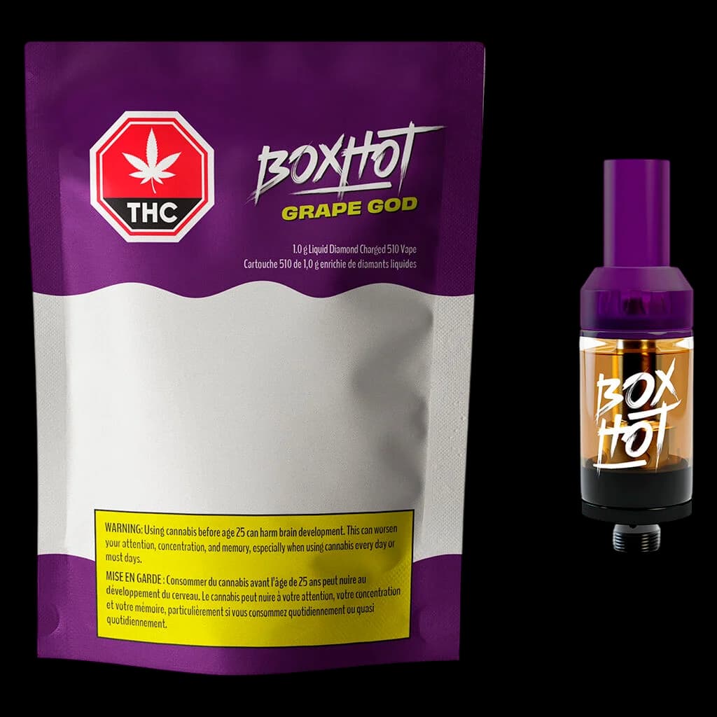 Cartouche de vape 510 Boxhot Grape God de 1,0 g, chargée aux diamants liquides, avec emballage violet et réservoir de cartouche assorti en violet