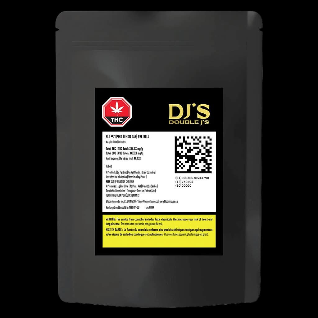 DJ's Double J's PLG #7 Pink Lemon Gas pre-roll package with THC warning symbol, potency info, and Health Canada compliance labels
