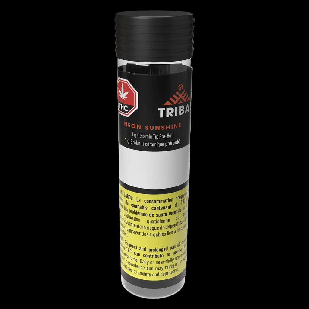 Tribal Neon Sunshine 1g ceramic tip pre-roll with black cap and yellow Health Canada warning label