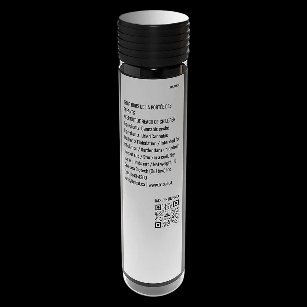 Tribal Neon Sunshine ceramic tip pre-roll, 1g, in white tube with black threaded cap and regulatory label